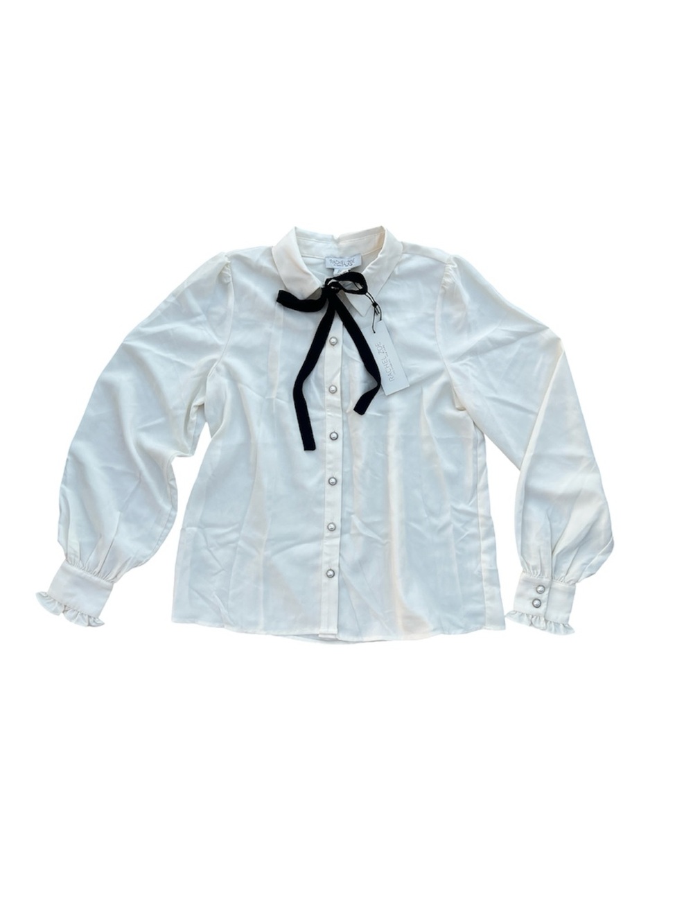 Rachel Zoe White Button-Front Blouse with Black Ribbon Tie Size Small